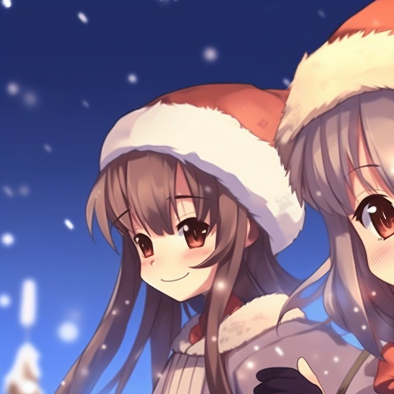 Two characters in elegant Christmas-themed costumes, intricate designs and cool tones. christmas themed matching discord pfp pfp for discord.