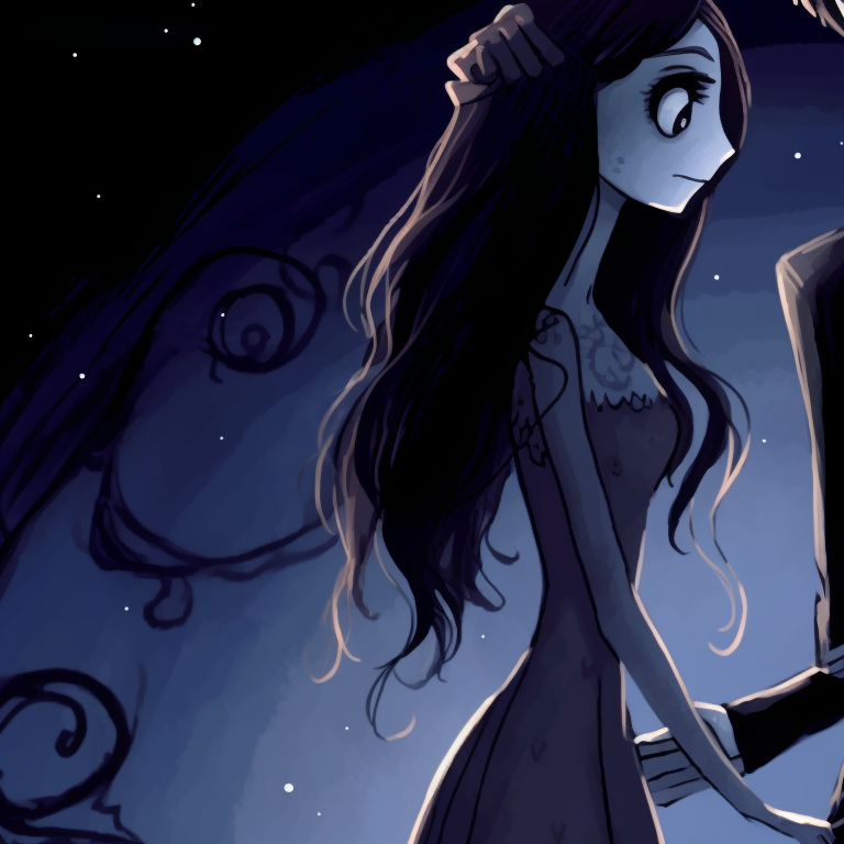 Two characters, holding hands, bold outlines and dynamic poses, amidst a desolate setting. unique corpse bride pfp pfp for discord.