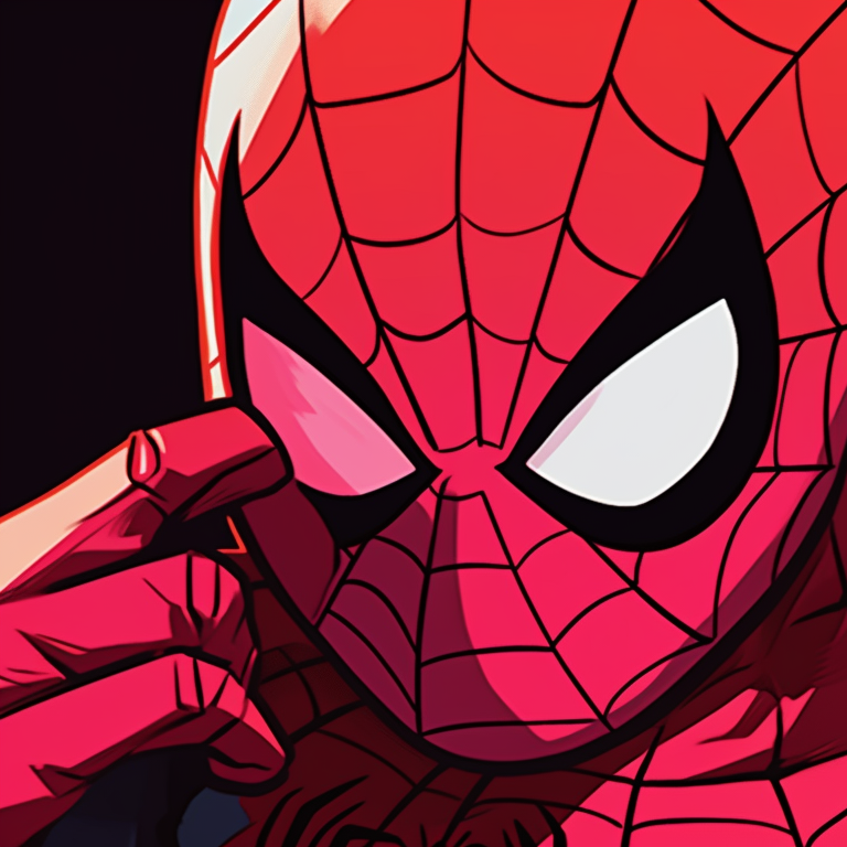 Close-up of two characters, highly detailed with dramatic expressions, displaying their spiderman masks. celebrity spider man matching pfp pfp for discord.