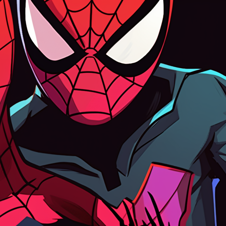 Close-up of two characters, highly detailed with dramatic expressions, displaying their spiderman masks. celebrity spider man matching pfp pfp for discord.