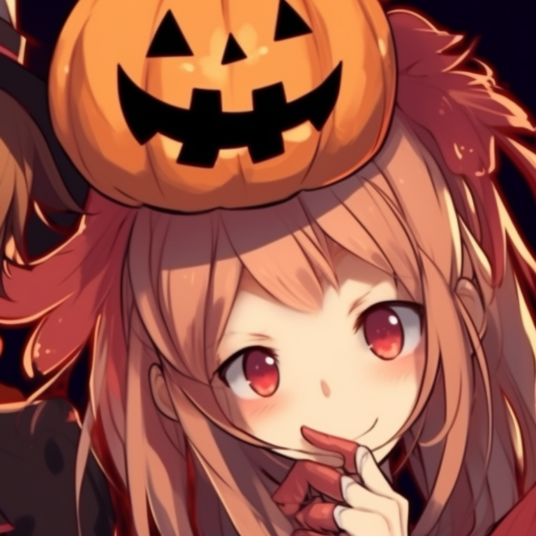 Two characters with orange pumpkin hats, rustic colors and festive vibe. aesthetic anime matching pfp halloween theme: cute characters pfp for discord.