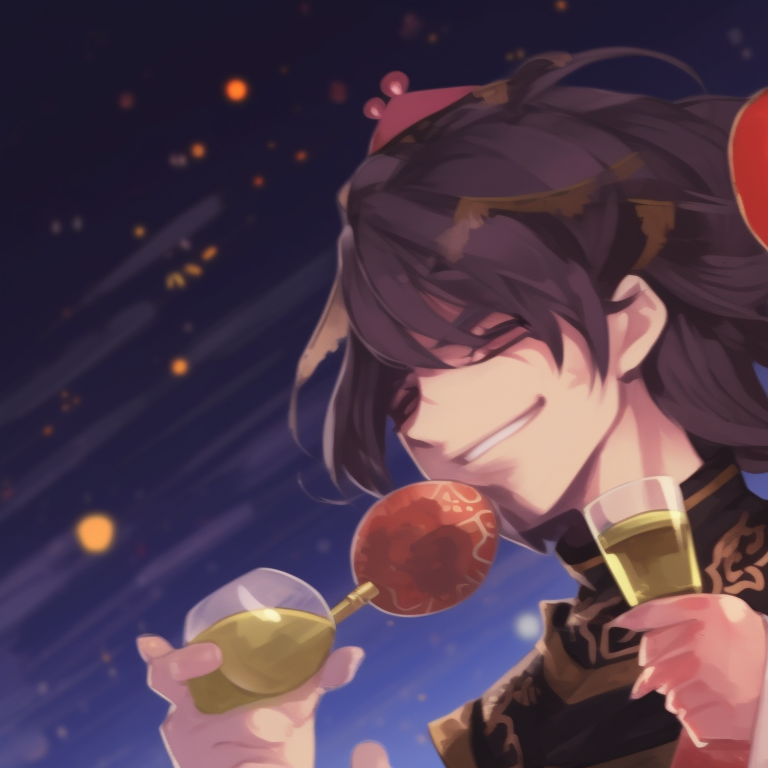 Two characters in festive attire, vibrant colors and elaborate detail, raising a toast. unique matching hu tao christmas pfp pfp for discord.