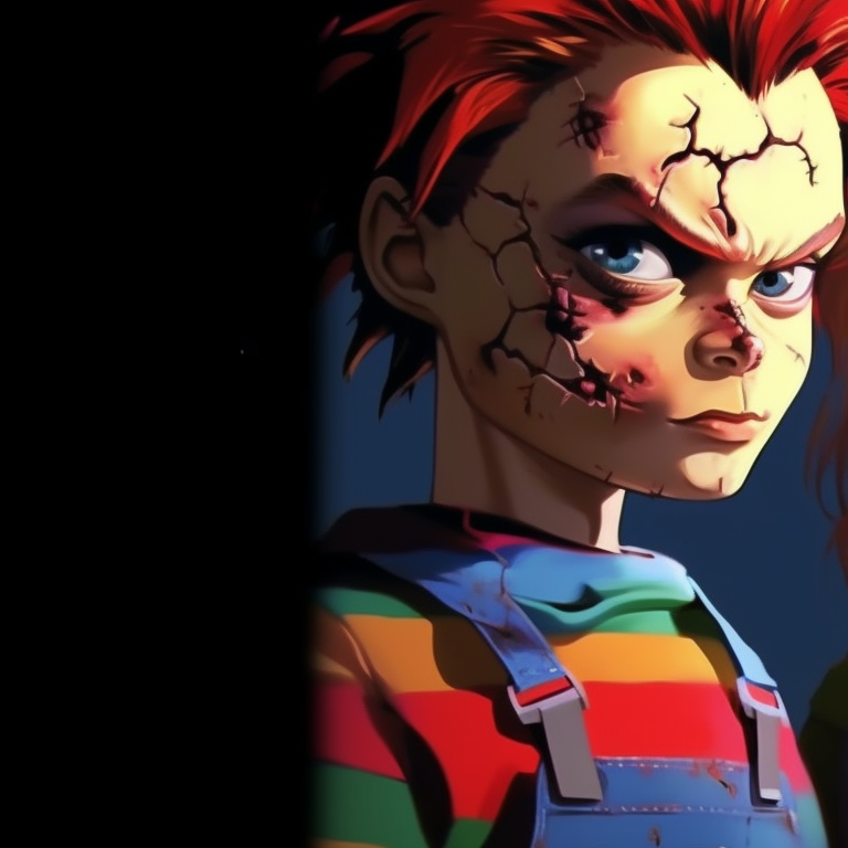 Chucky and Tiffany, with menacing smiles, vibrant colors and a Halloween background. halloween themed pfp with chucky and tiffany pfp for discord.