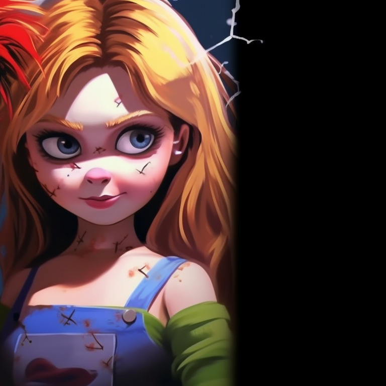 Chucky and Tiffany, with menacing smiles, vibrant colors and a Halloween background. halloween themed pfp with chucky and tiffany pfp for discord.