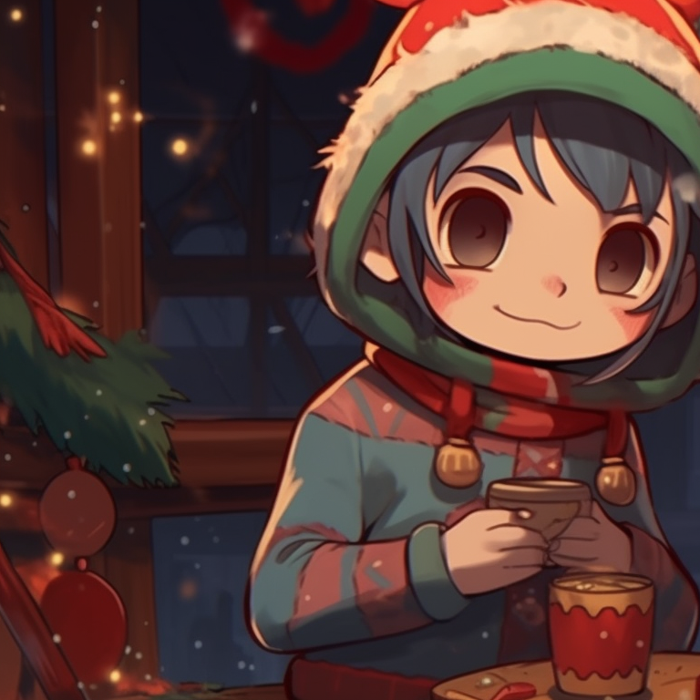 Two characters in matching elf outfits, striking playful poses, amidst a toy-filled workshop. clever matching christmas cartoon pfp ideas pfp for discord.