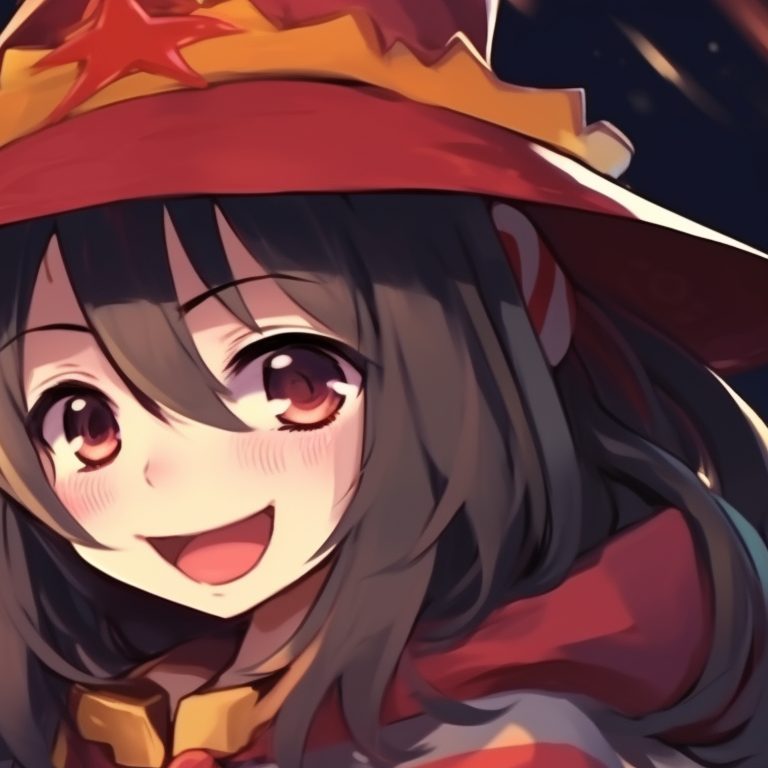 Two characters under a Christmas themed starlit sky, emphasized by a mixture of cool and warm colors and innocent expressions. matching megumin christmas pfp choices pfp for discord.