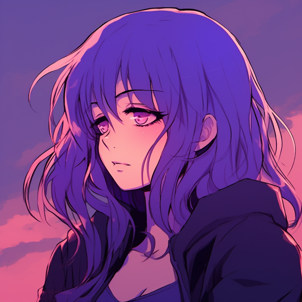 Atmospheric anime profile against a purple twilight backdrop, with nuanced facial expressions and distinct hairstyle. majestic anime purple pfp pfp for discord.