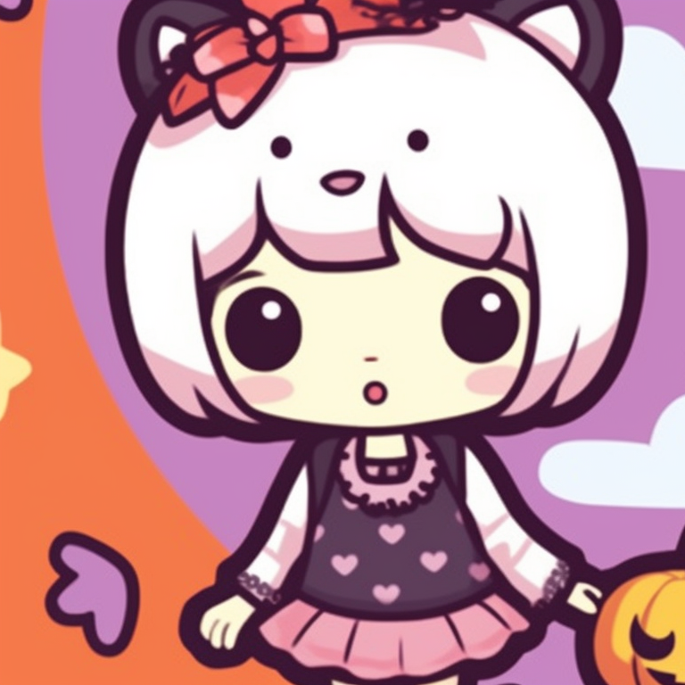Two Sanrio characters in matching Halloween costumes, simple lines and bright colors. sanrio halloween themed matching pfp pfp for discord.