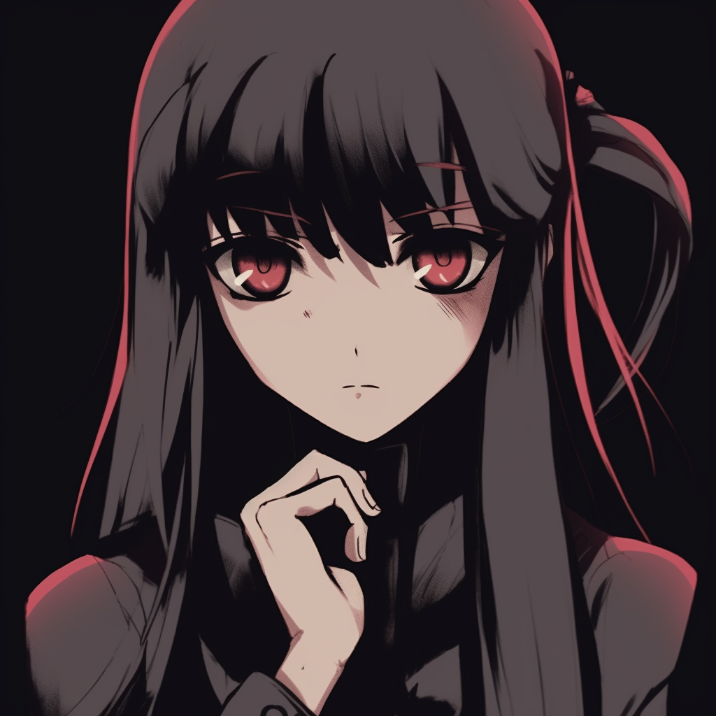 Close-up of Akame, high contrast with detailed eyes. edgy anime pfp female characters