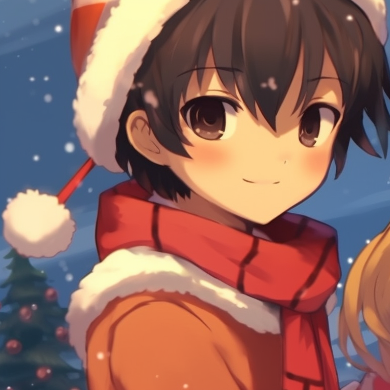 Close-up of two characters, their expressions soft and joyful under the glow of an orange Christmas bulb. unique matching orange christmas pfp pfp for discord.