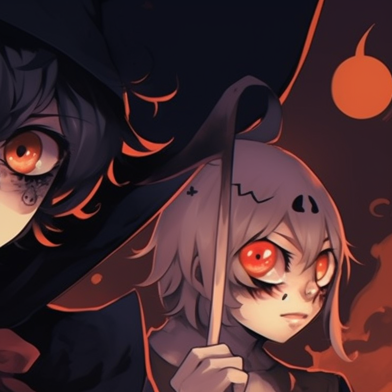 Extreme close-up of two characters, dilated pupils and highlights suggesting fear or excitement. creepy halloween pfp matching pfp for discord.