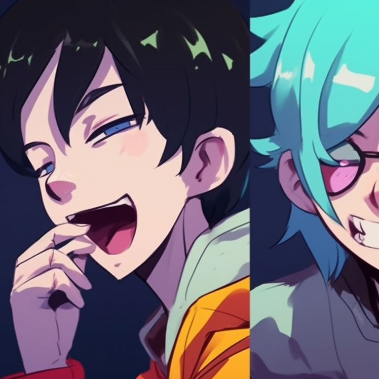 Four characters in lively outfits, fine details and dotted textures, performing a slapstick routine. funny matching pfp for 4 friends pfp for discord.