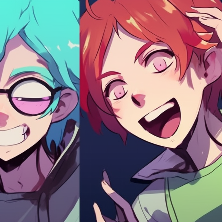 Four characters in lively outfits, fine details and dotted textures, performing a slapstick routine. funny matching pfp for 4 friends pfp for discord.