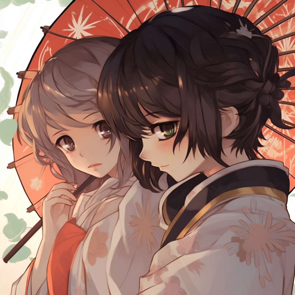 Side-profile of a vibrant-colored female anime character with detail on hair and kimono pattern. female anime pfp matching