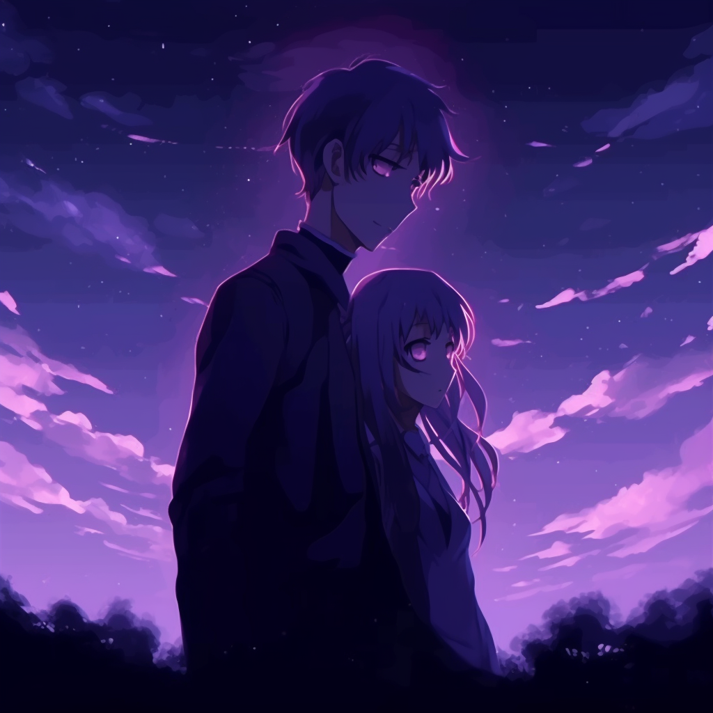 A close-up of an emotive character with deep purple eyes, showing a shift in mood with semi-realistic features and detailed expressions. trending purple anime pfp gifs