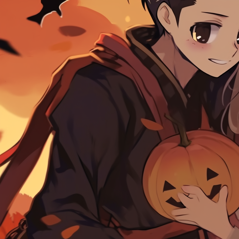 Zenitsu and Nezuko under a harvest moon, rustic colors and romantic setting. zenitsu and nezuko halloween artwork pfp for discord.