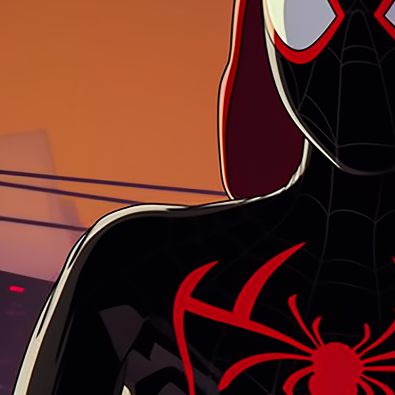 Miles Morales and a friend, in matching Spider-Man and ghost costumes, looming over a shadowy city. miles morales halloween themed pfps pfp for discord.