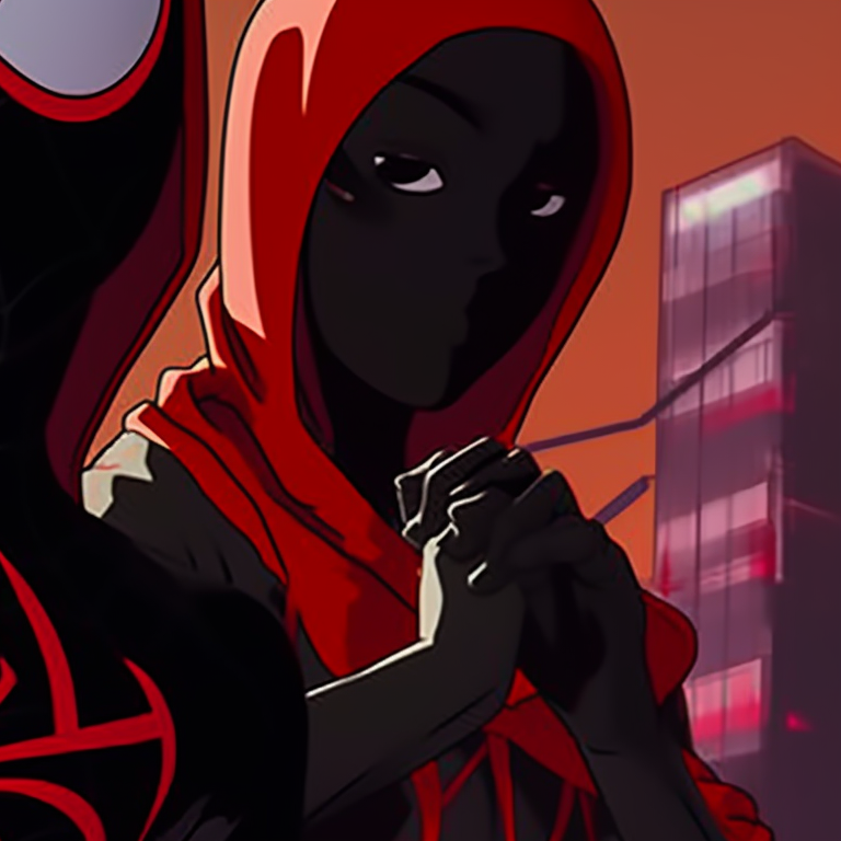 Miles Morales and a friend, in matching Spider-Man and ghost costumes, looming over a shadowy city. miles morales halloween themed pfps pfp for discord.
