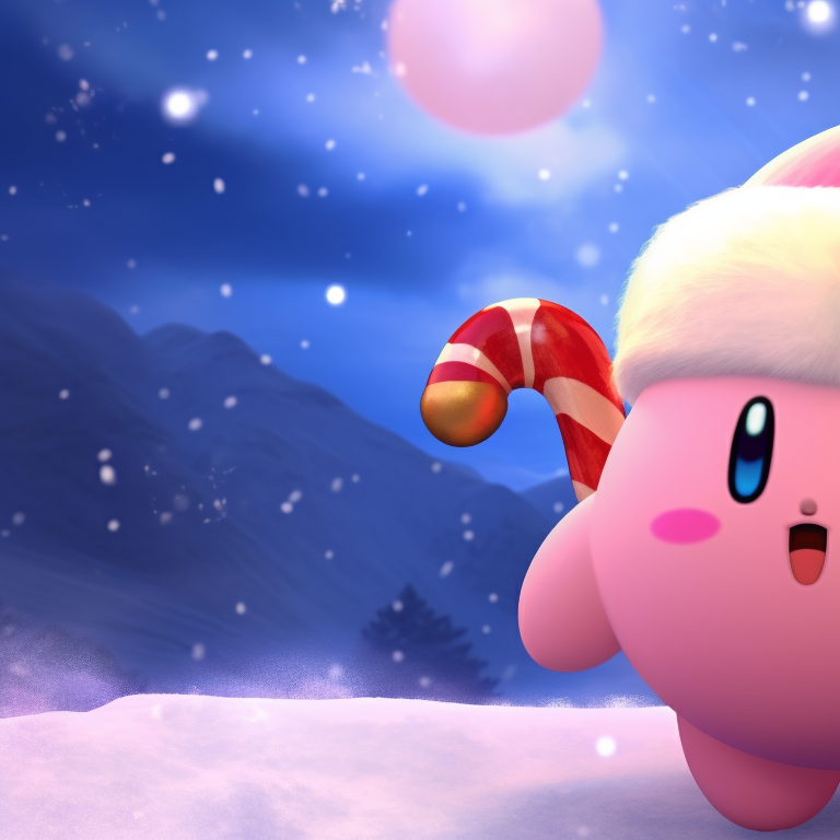 A pair of Kirby characters, sparkling snow and bright colors, making snow angels. matching kirby christmas pfp ideas pfp for discord.
