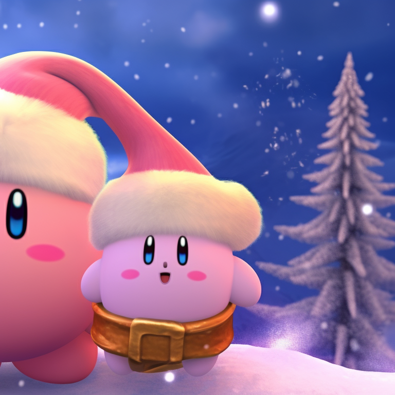 A pair of Kirby characters, sparkling snow and bright colors, making snow angels. matching kirby christmas pfp ideas pfp for discord.