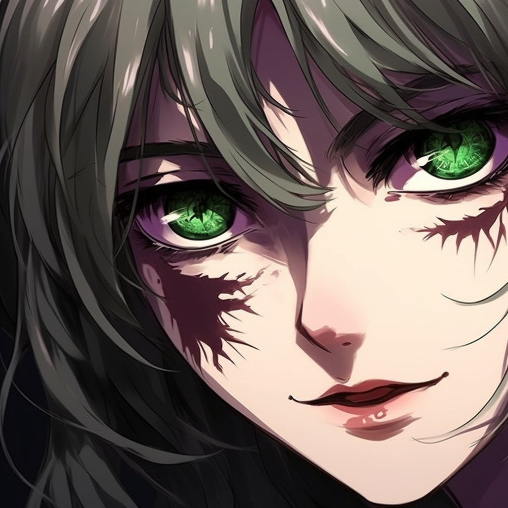 Female anime character, with vibrant green eyes symbolizing hope, soft shading and detailed linework are striking. anime eyes pfp female illustrations