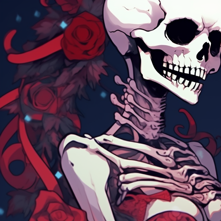 Close-up of two skeleton characters, winter night background, gently leaning in for a kiss. bone love - matching christmas pfp of skeletons kissing pfp for discord.