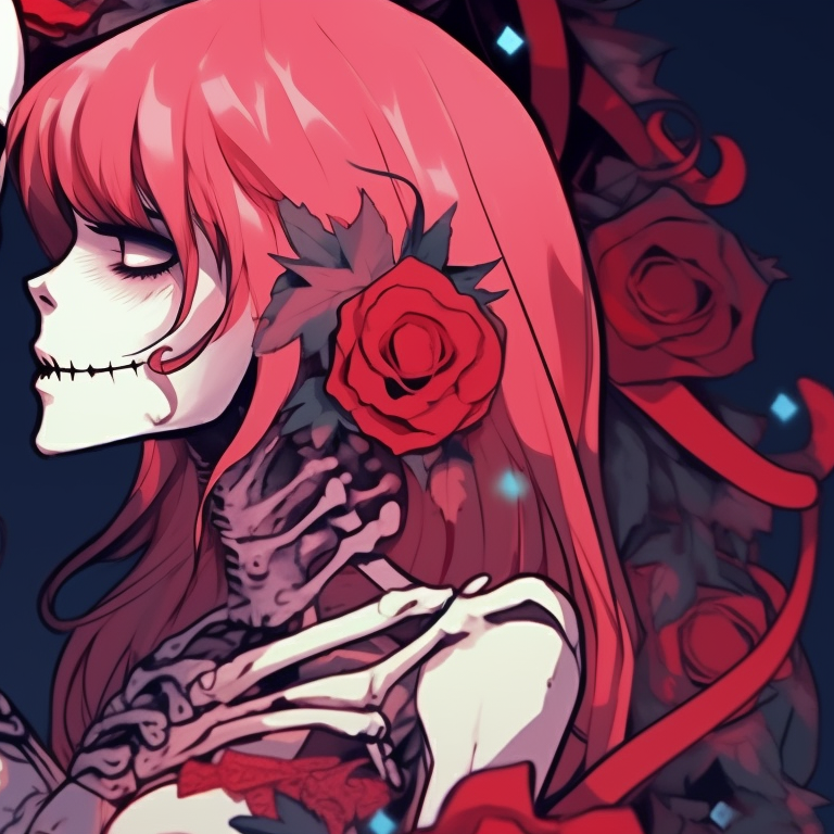 Close-up of two skeleton characters, winter night background, gently leaning in for a kiss. bone love - matching christmas pfp of skeletons kissing pfp for discord.