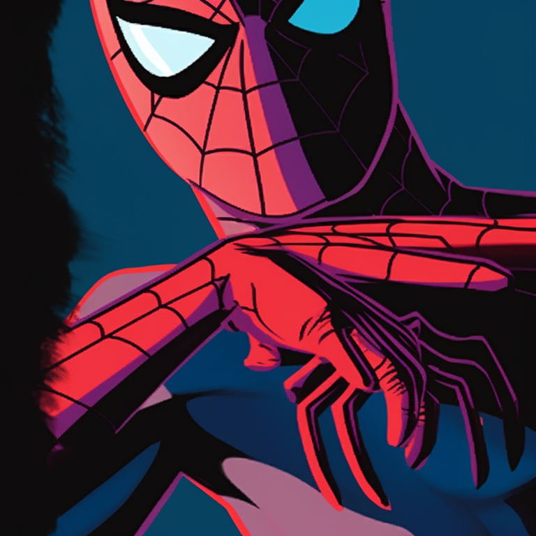 Close up of Spiderman characters with their web-shooters, detailed lines and bright colors. spiderman matching pfp images pfp for discord.