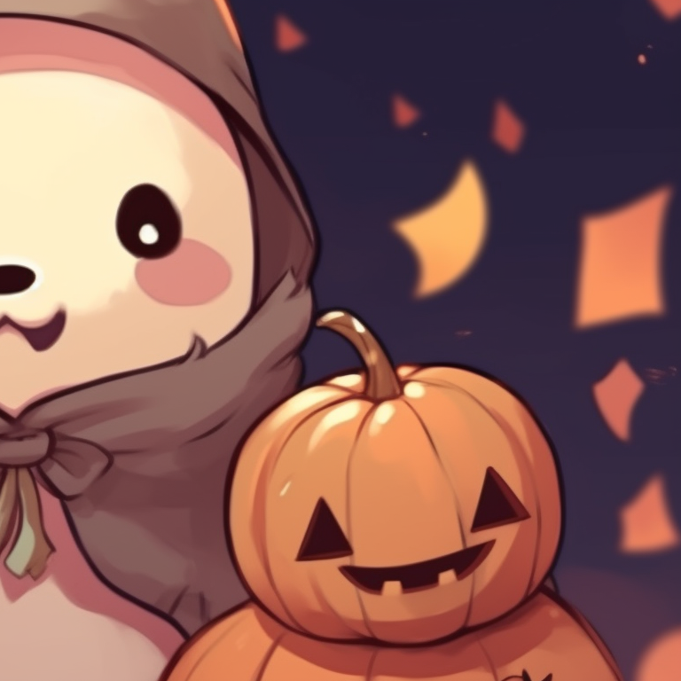 Two characters with pumpkins, mid-tones, detailed costumes. milk and mocha bear matching profile picture halloween theme inspiration pfp for discord.