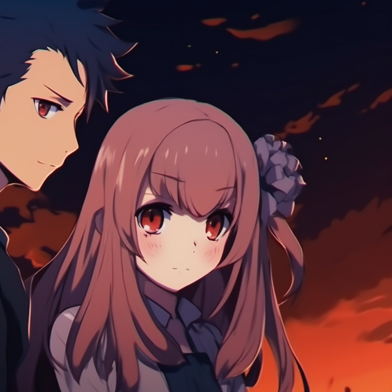 Two characters standing at street intersection, dressed up for Halloween, lit by the warm glow of street lamps. a silent voice anime characters for matching halloween theme pfp pfp for discord.