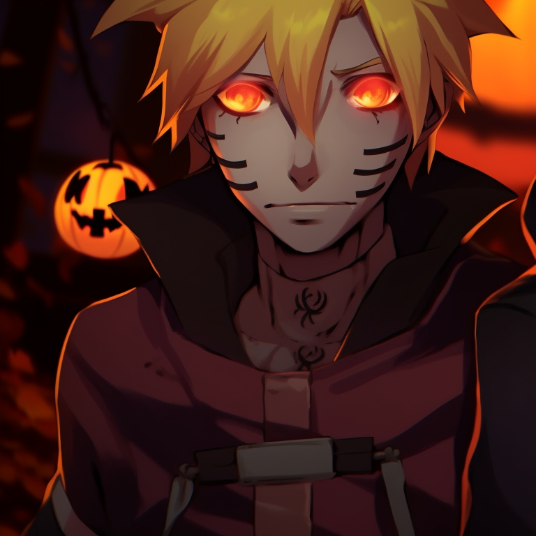 Close-up of two characters with grinning pumpkin-like expressions, using a combination of warm and cool colors. naruto pfp halloween aesthetics pfp for discord.