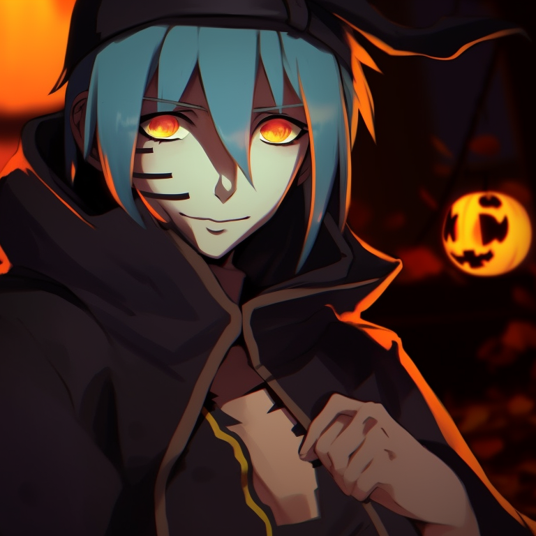 Close-up of two characters with grinning pumpkin-like expressions, using a combination of warm and cool colors. naruto pfp halloween aesthetics pfp for discord.