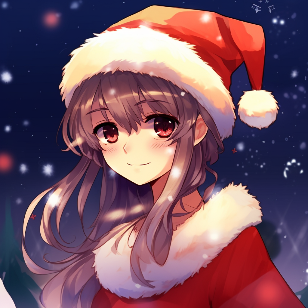 Festive anime character wrapped in Christmas lights, colorful illumination and soft textures. cute christmas anime pfp