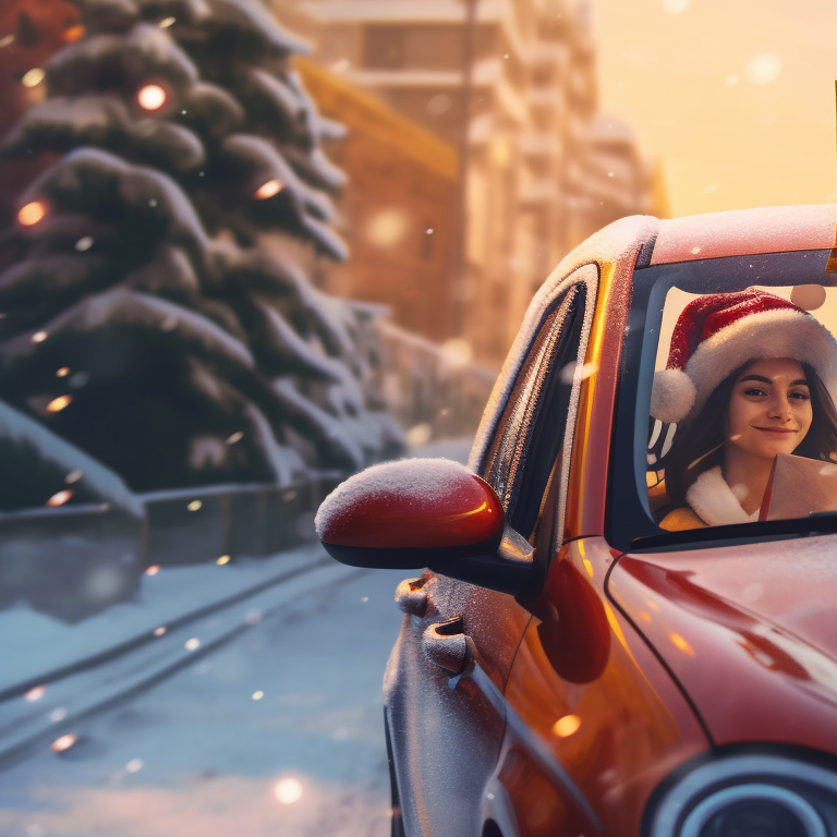 Two characters in Christmas-themed uniforms on matching cars, detailed decorations and neo-futurist art style. stunning matching christmas car collections pfp for discord.