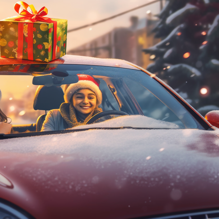 Two characters in Christmas-themed uniforms on matching cars, detailed decorations and neo-futurist art style. stunning matching christmas car collections pfp for discord.