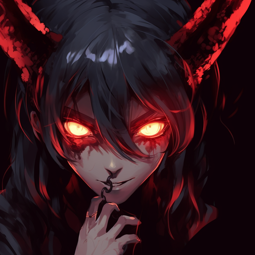 Close-up view of an awakened demon, intense and vivid red eyes. demonic anime pfp concepts pfp for discord.