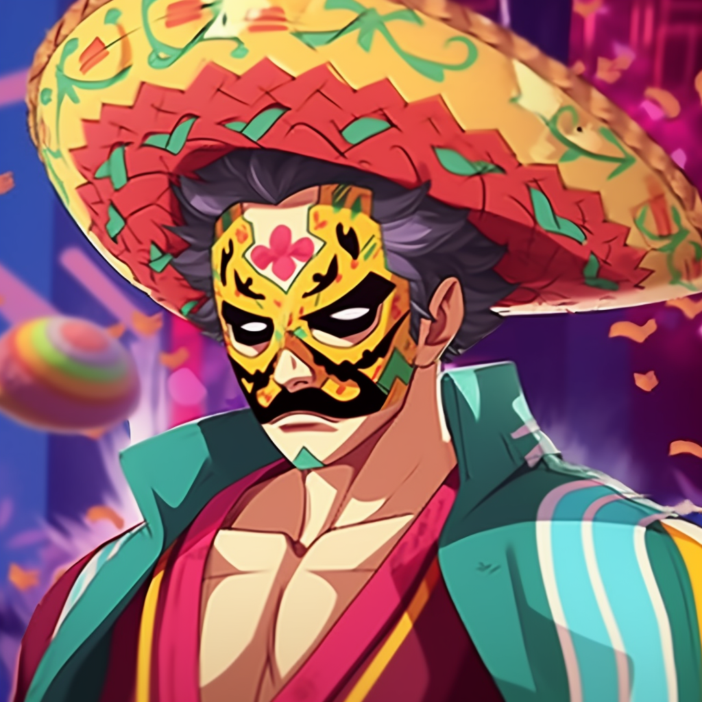 A Mexican anime warrior in full gear, resplendent in traditional Mexican colors and patterns. fantastic mexican anime pfp selections pfp for discord.