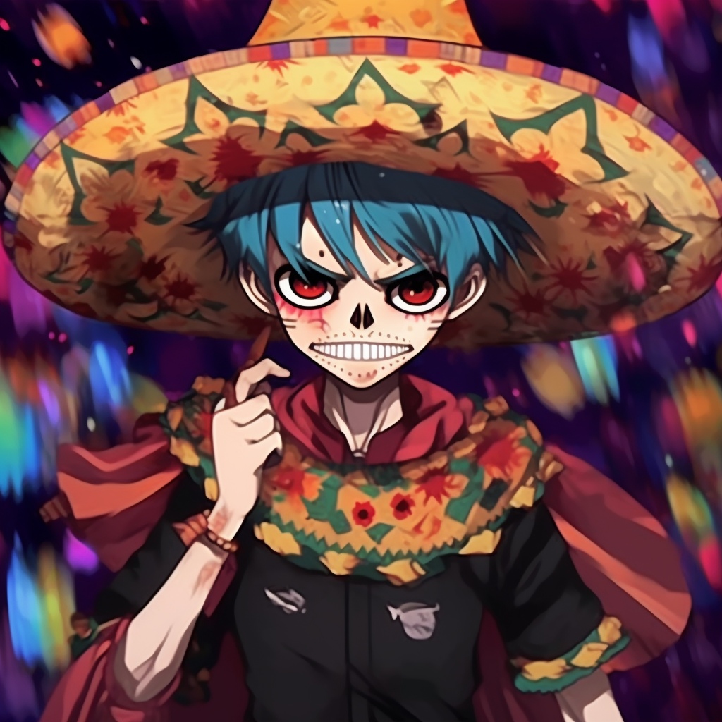 Anime character inspired by Day of the Dead, vibrant colours and intricate sugar skull makeup. mexican anime pfp boys pfp for discord.