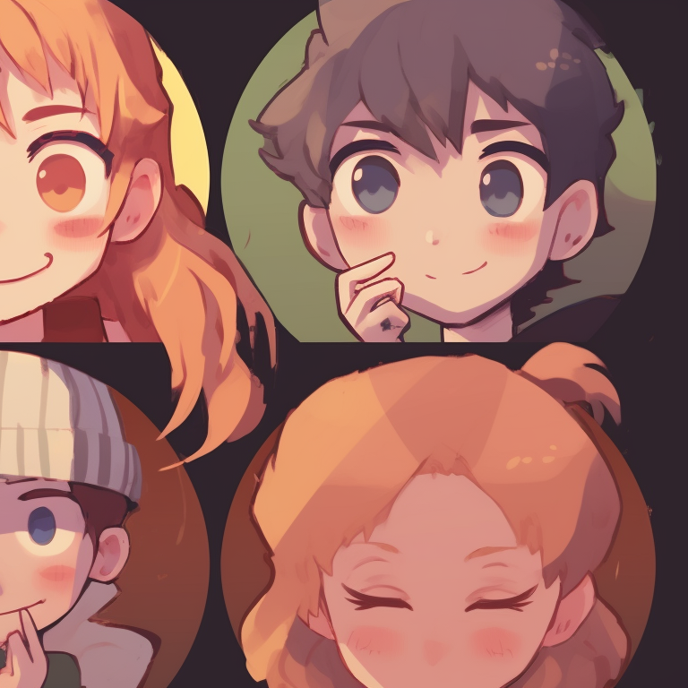 Four sketchy figures, strong character expression and fun poses, engaged in a playful context. cartoon-based matching pfp for 4 friends pfp for discord.