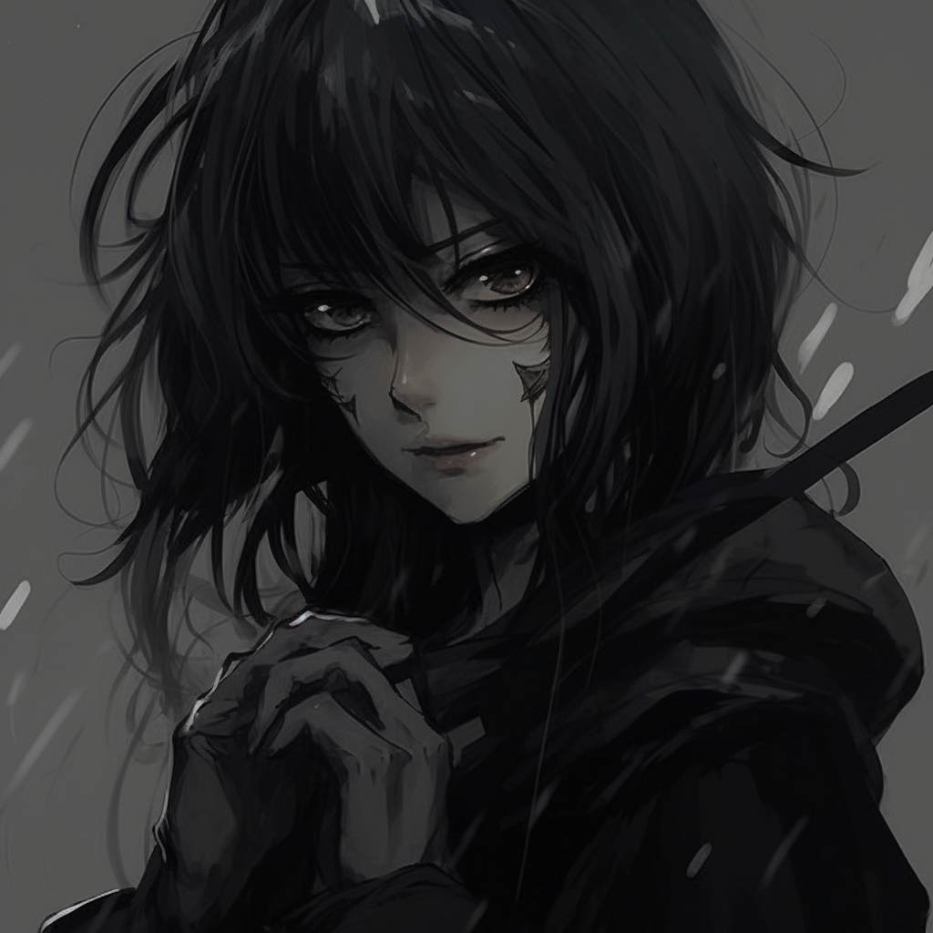 A mysterious figure enshrouded in black, characterized by fine details in clothing and sleek lines. elegant black pfp anime pfp for discord.