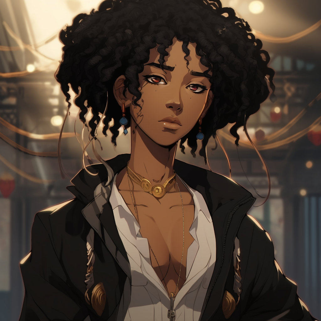 Glamorous female black anime character in an elegant evening gown, dramatic shading and hue variations. glamorous female black anime characters pfp