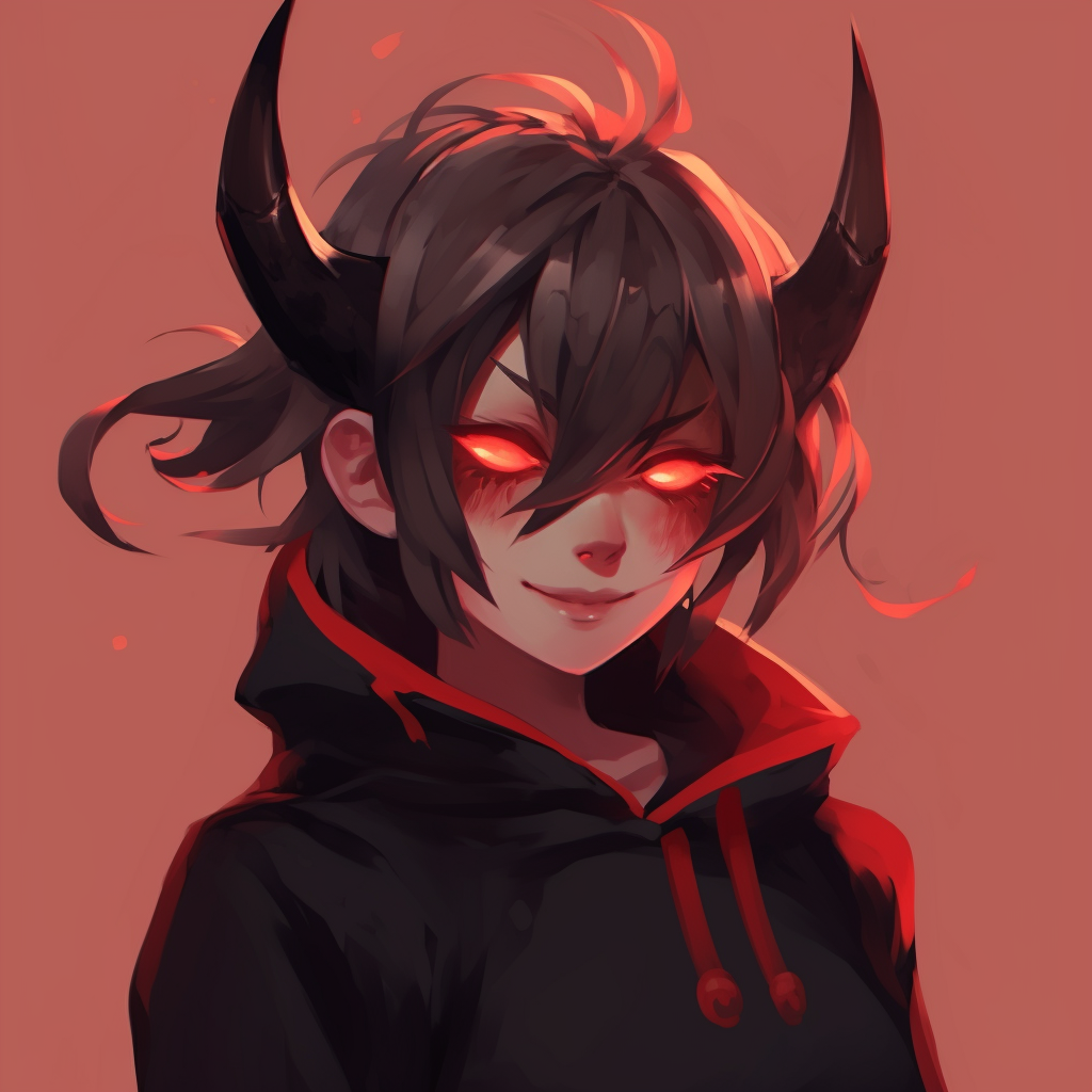 Anime demon girl standing alone with horns visible, intense expressions and bold linework. female demon anime pfp pfp for discord.