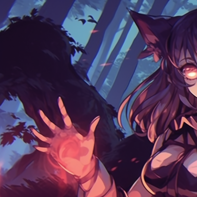 Two anime characters in matching outfits, one as a gardener and one as a flower, intricate details on clothing and accessories, framed by a spooky garden backdrop. unique halloween matching pfps pfp for discord.