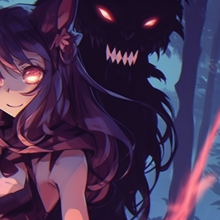 Two anime characters in matching outfits, one as a gardener and one as a flower, intricate details on clothing and accessories, framed by a spooky garden backdrop. unique halloween matching pfps pfp for discord.