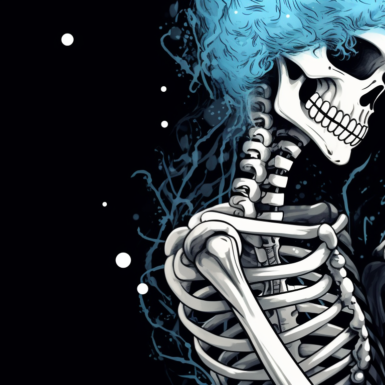 Skeleton characters, singing Christmas carols, their foreheads touching intimately. cute pfps of kissing skeletons - christmas edition pfp for discord.