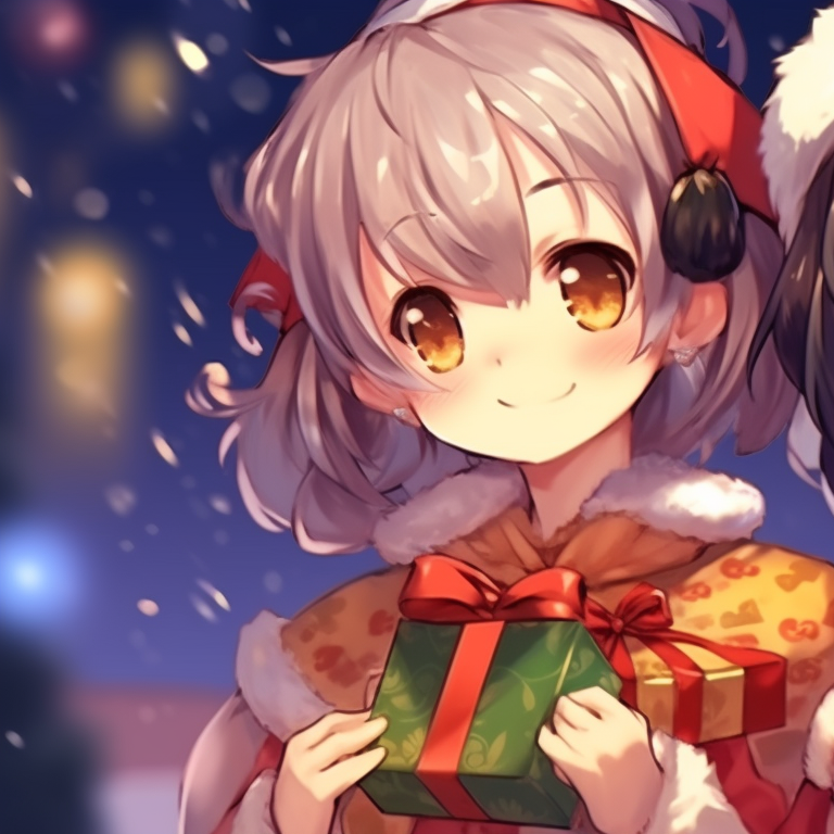 Two characters under a starry Christmas night, painted style and warm hues, holding hands near a Christmas tree. cute designs for matching christmas pfp pfp for discord.