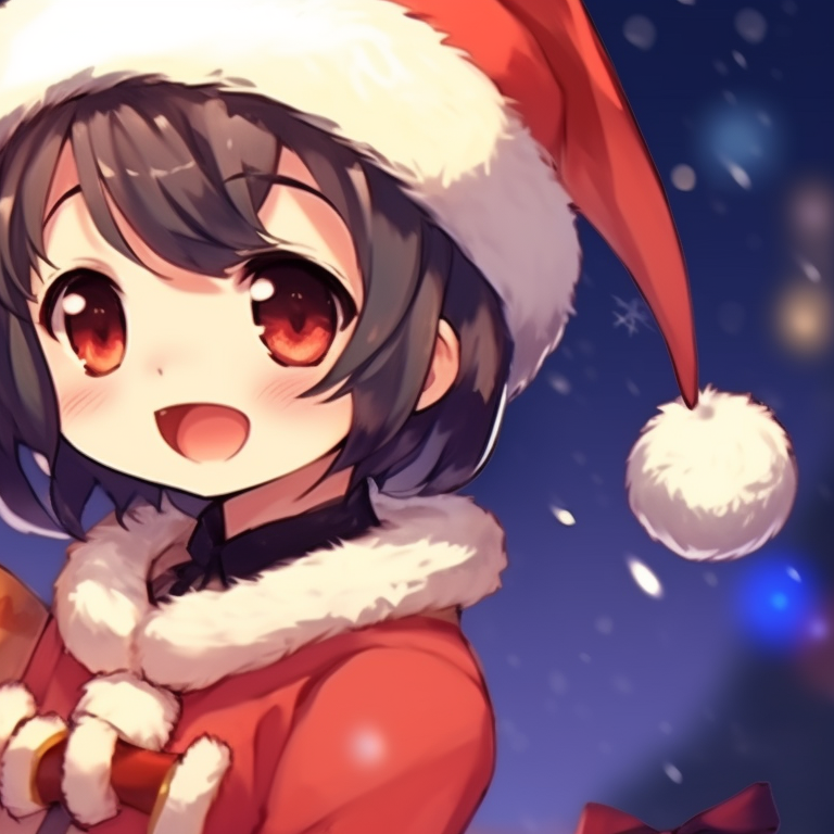 Two characters under a starry Christmas night, painted style and warm hues, holding hands near a Christmas tree. cute designs for matching christmas pfp pfp for discord.