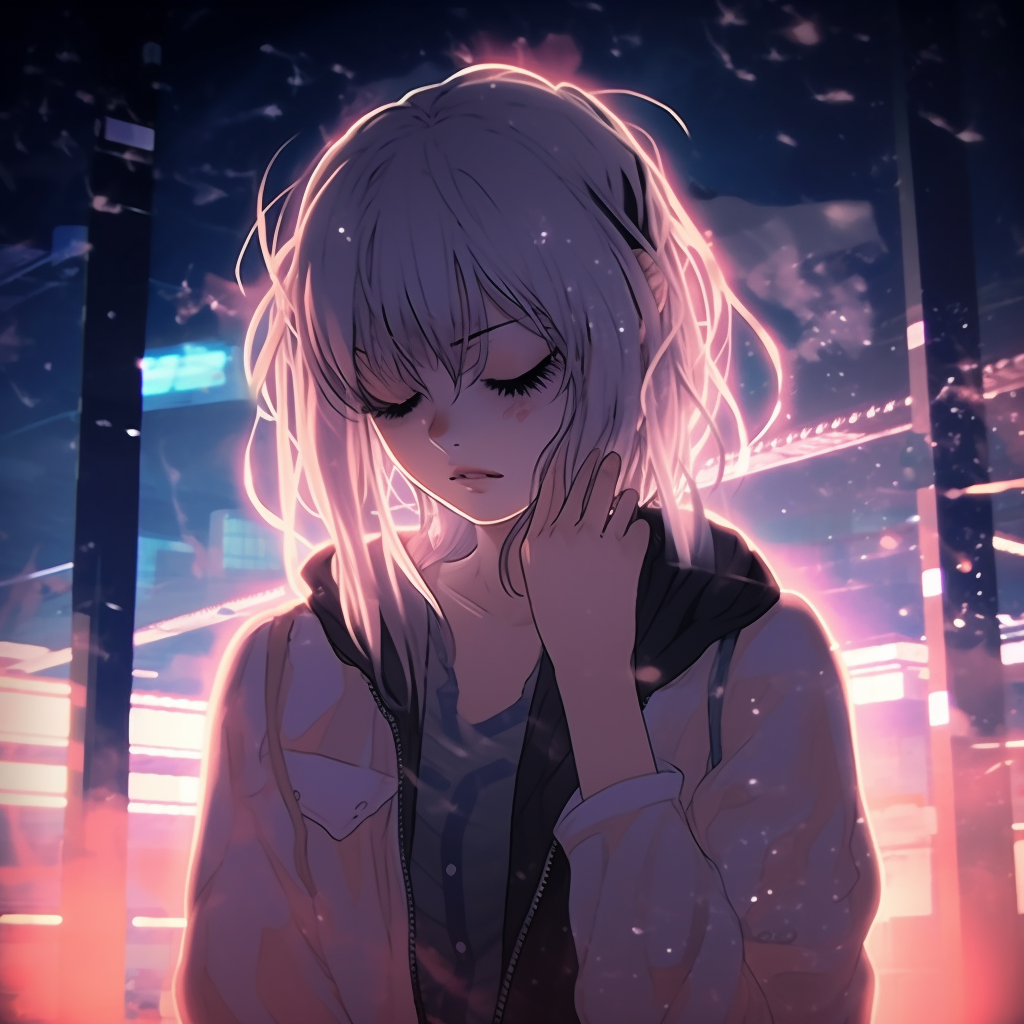 Anime character set against a neon dreamscape, rich tones and sharp outlines. creative anime aesthetic pfp ideas