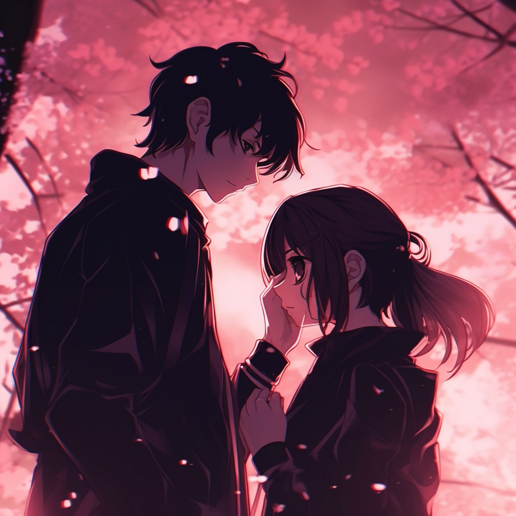 Anime couple sharing a moment amidst the cherry blossoms, accentuated details and vibrant color palette. romantic matching pfp anime