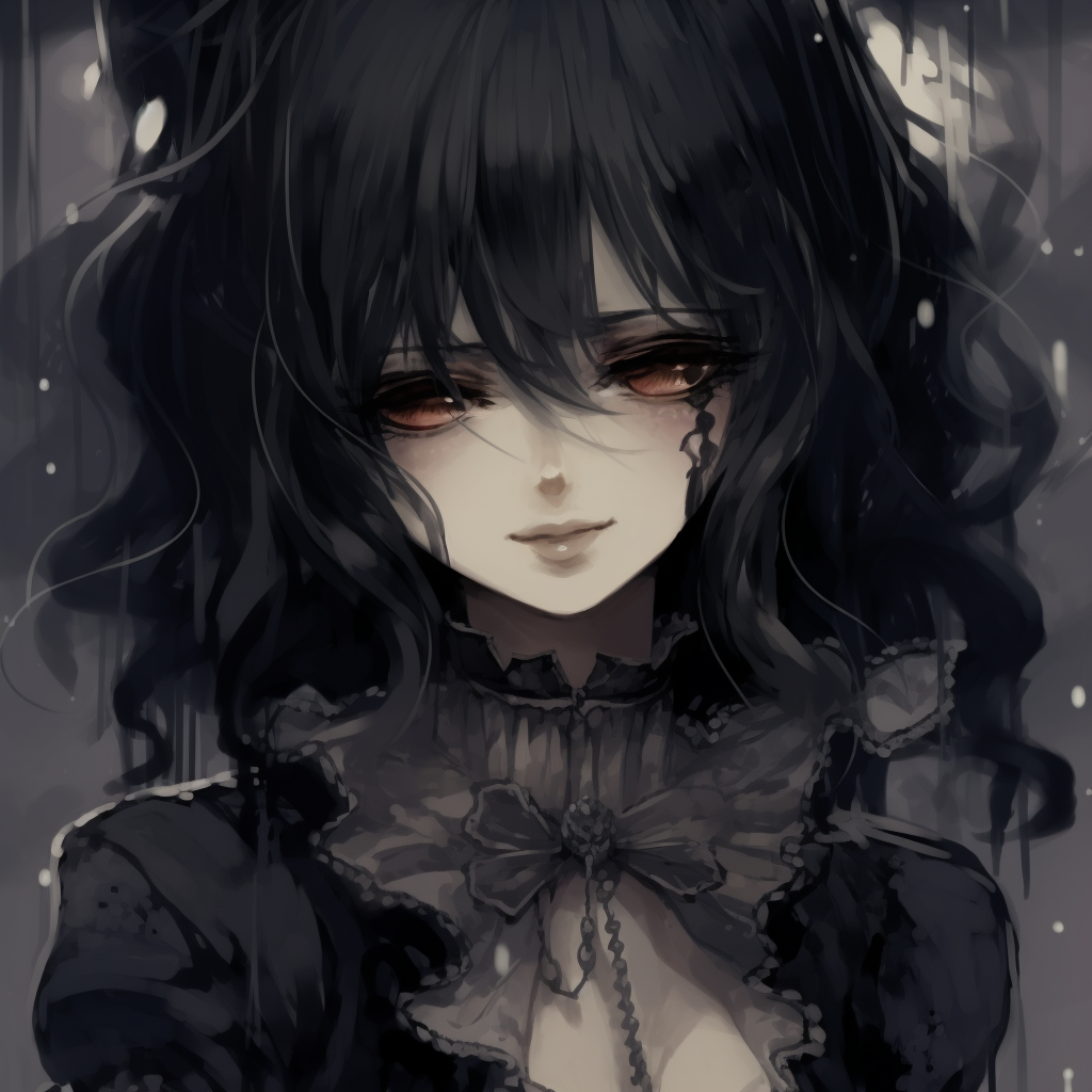 Goth anime girl portrayed in a gloomy setting, featuring detailed Gothic fashion and dreamy color palette. goth anime girl visuals pfp for discord.